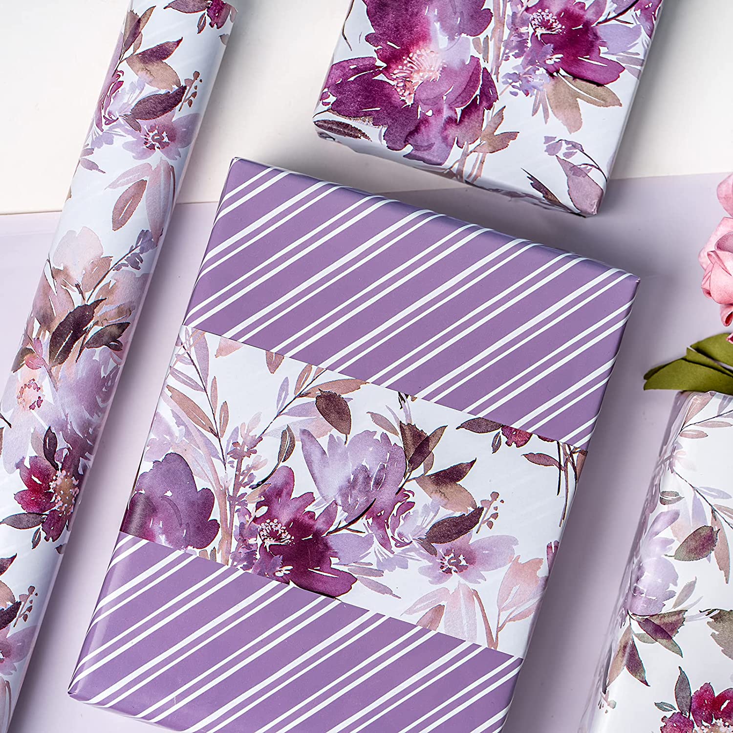 WRAPAHOLIC Reversible Wrapping Paper - Mini Roll - 17 inch x 33 Feet - Beautiful Purple Floral Design for Wedding, Party, Birthday, Holiday, Baby